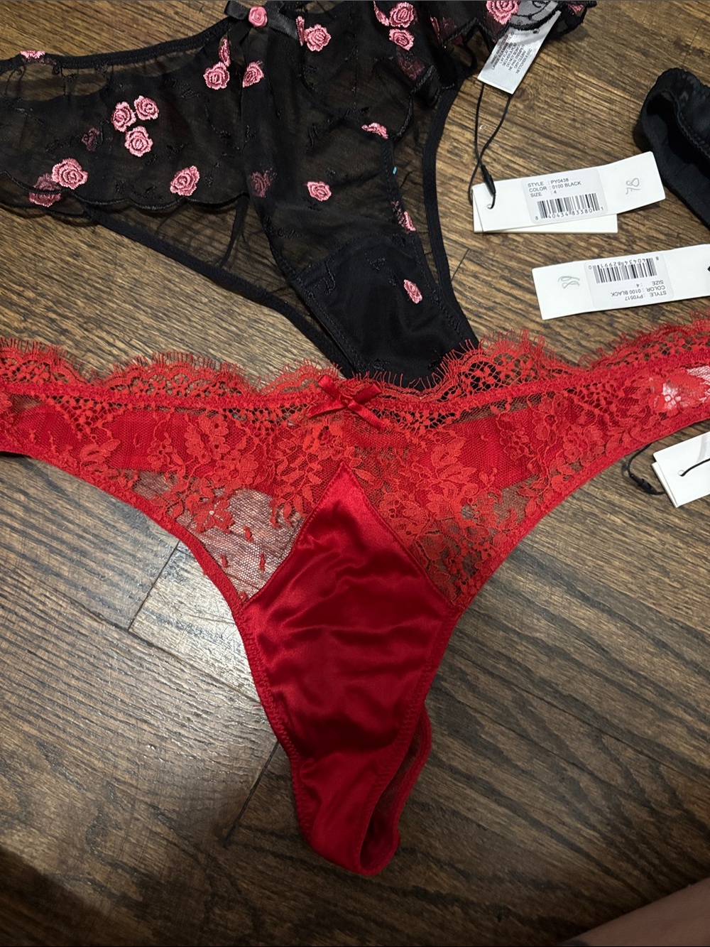 Women’s Lace & Satin Bikini Panty Set - Black with Pink Embroidery & Red Lace - Picture 3 of 6
